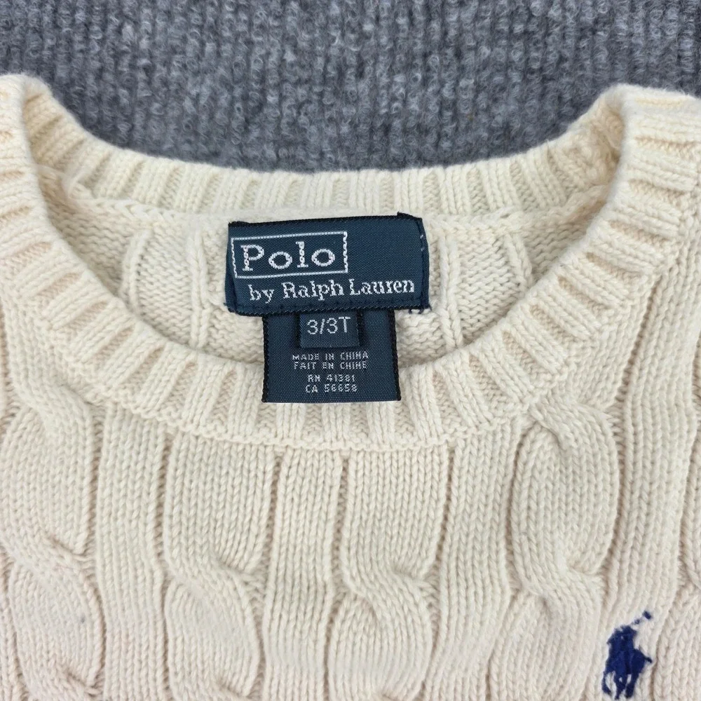 Polo Ralph Lauren Kids Cream Cable Knit Cotton Sweater Navy Pony 3/3T Pullover